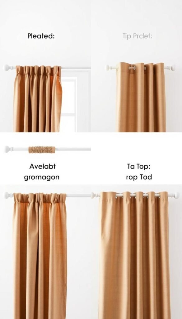 A well-lit, high-resolution studio shot of various curtain heading styles displayed side-by-side for comparison. The curtains are made of a soft, light brown fabric that adds warmth to the scene. The styles include pleated, grommet, tab top, and rod pocket. Each curtain is hung on a clean white rod against a simple, neutral background to highlight the unique visual characteristics of the different heading types. The lighting is gentle and natural, creating soft shadows and highlights that accentuate the textural details of the fabrics. The camera angle is slightly elevated to provide an overview of the full length of the curtains, allowing viewers to appreciate the different silhouettes and draping effects. A well-lit, high-resolution studio shot of various curtain heading styles displayed side-by-side for comparison. The curtains are made of a soft, light brown fabric that adds warmth to the scene. The styles include pleated, grommet, tab top, and rod pocket. Each curtain is hung on a clean white rod against a simple, neutral background to highlight the unique visual characteristics of the different heading types. The lighting is gentle and natural, creating soft shadows and highlights that accentuate the textural details of the fabrics. The camera angle is slightly elevated to provide an overview of the full length of the curtains, allowing viewers to appreciate the different silhouettes and draping effects.
