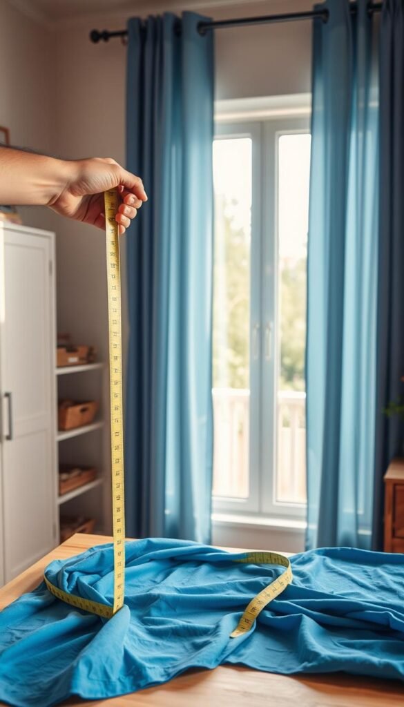 A well-lit home office with a large window, a tape measure in hand, and a set of blue curtains draped neatly on a table. The window frame is clearly visible, with the tape measure being used to carefully measure the width and length of the opening. The curtains are a vibrant shade of blue, hinting at the serene and calming atmosphere they will bring to the bedroom. The lighting is soft and natural, casting a warm glow on the scene. The overall composition conveys a sense of focus and precision, as the homeowner thoughtfully prepares to select the perfect curtains for their space.