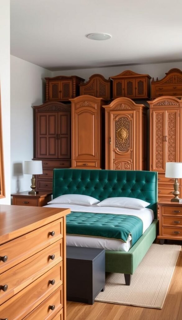 A well-lit modern bedroom showcasing an assortment of Indian-inspired bedroom furniture pieces. In the foreground, a wooden dresser in a warm honey-oak finish, complemented by a pair of sleek nightstands in a muted charcoal gray. In the middle ground, a plush king-sized bed with a tufted headboard in a rich, jewel-toned emerald green, paired with crisp white bedding. The background features a display of intricately carved armoires and wardrobes in a range of earthy terracotta and terracotta-inspired hues, creating a cohesive and visually striking color palette. The lighting is soft and diffused, accentuating the textures and tones of the various furniture finishes.