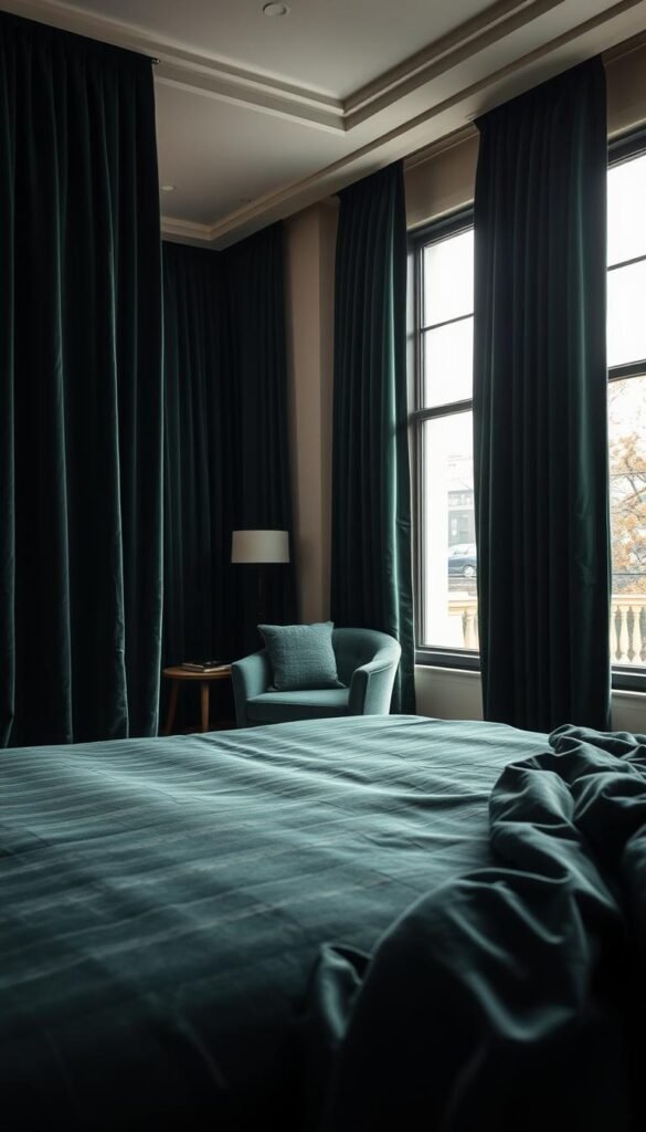 A well-lit, richly textured bedroom scene. In the foreground, a bed with dark green curtains in a luxurious, flowing style, gently billowing in a soft breeze. The curtains are made of high-quality velvet, creating a moody, intimate ambiance. The middle ground features a cozy reading nook with a plush armchair and a small side table, complementing the green curtains. The background shows a large window, allowing natural light to filter in and cast a warm glow throughout the space. The overall mood is one of quiet sophistication and tranquil elegance. A well-lit, richly textured bedroom scene. In the foreground, a bed with dark green curtains in a luxurious, flowing style, gently billowing in a soft breeze. The curtains are made of high-quality velvet, creating a moody, intimate ambiance. The middle ground features a cozy reading nook with a plush armchair and a small side table, complementing the green curtains. The background shows a large window, allowing natural light to filter in and cast a warm glow throughout the space. The overall mood is one of quiet sophistication and tranquil elegance.