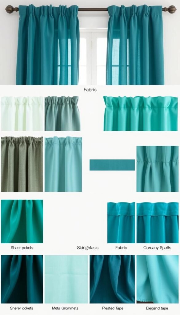 A well-lit room with an array of curtain fabric samples and header options displayed on a clean, white background. The foreground showcases a variety of textured fabrics in rich teal hues, ranging from sheer chiffon to velvet. The middle ground highlights diverse header styles, including classic rod pockets, contemporary metal grommets, and elegant pleated tape. The background gently fades, allowing the fabrics and headers to take center stage. The lighting is soft and diffused, accentuating the luxurious textures and creating a serene, inviting atmosphere. The overall composition emphasizes the versatility and design possibilities for teal bedroom curtains.