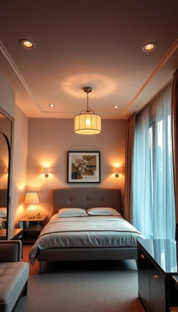 A well-lit small bedroom with a warm, cozy atmosphere. Soft, diffused lighting from a mix of recessed ceiling fixtures, task lamps on nightstands, and a decorative pendant light over a minimal bedframe. Subtle wall sconces cast a gentle glow, creating a sense of depth and volume. Large windows allow natural light to fill the space, complemented by sheer curtains that filter the rays. Reflective surfaces like mirrored furniture and metallic accents amplify the illumination, visually expanding the room. The overall lighting scheme is harmonious, highlighting the room's functional and aesthetic elements.