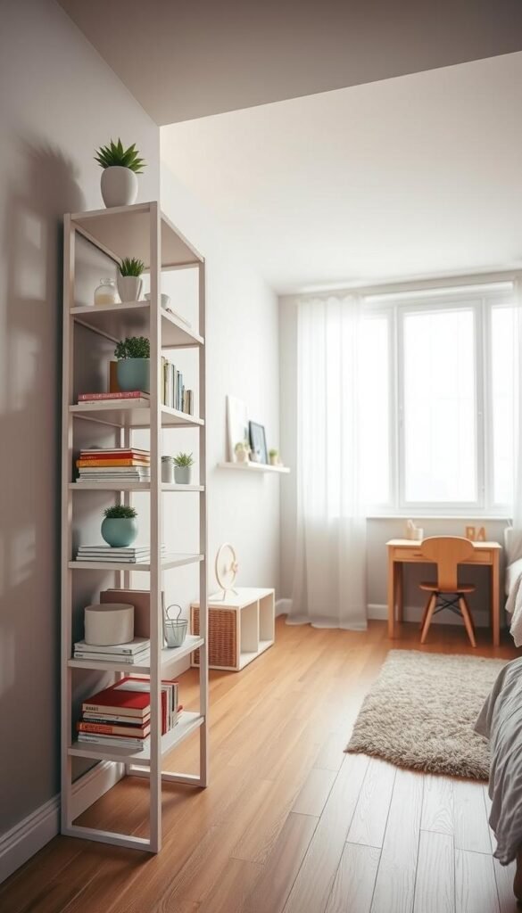 A well-lit, spacious bedroom with a warm, cozy atmosphere. In the foreground, a compact shelving unit stands vertically against the wall, its minimalist white shelves showcasing a selection of decorative items, books, and small plants. The shelves are neatly organized, creating a sense of order and functionality. In the middle ground, the room's neutral-toned walls and wooden flooring provide a calming backdrop, while a large window floods the space with natural light, casting a soft glow. In the background, a small desk and chair, along with a plush rug, complete the inviting and practical layout, perfectly suited for a young girl's small but efficient room. A well-lit, spacious bedroom with a warm, cozy atmosphere. In the foreground, a compact shelving unit stands vertically against the wall, its minimalist white shelves showcasing a selection of decorative items, books, and small plants. The shelves are neatly organized, creating a sense of order and functionality. In the middle ground, the room's neutral-toned walls and wooden flooring provide a calming backdrop, while a large window floods the space with natural light, casting a soft glow. In the background, a small desk and chair, along with a plush rug, complete the inviting and practical layout, perfectly suited for a young girl's small but efficient room.