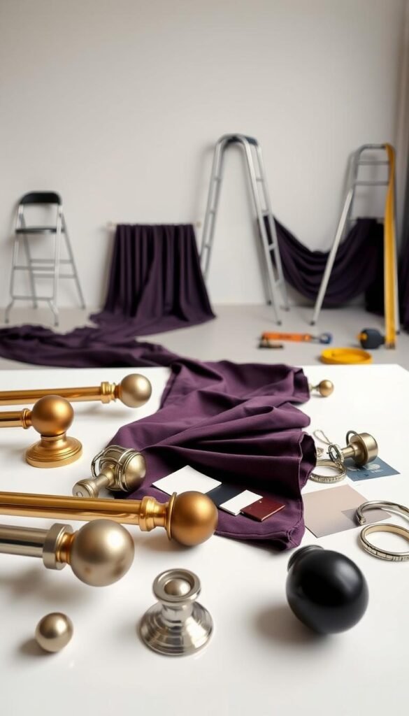 A well-lit studio scene featuring various curtain hardware items arranged on a clean, white tabletop. In the foreground, a selection of curtain rods, rings, and finials in a variety of metallic finishes, including polished brass, brushed nickel, and matte black. In the middle ground, a fabric swatch displays the rich, deep purple hue of the bedroom curtains, complemented by samples of different curtain pleating styles. The background showcases a range of installation tools, such as a step ladder, level, and measuring tape, set against a plain white wall to highlight the technical aspects of the scene. The overall mood is one of elegant sophistication, guiding the viewer through the practical considerations of curtain hardware and installation.
