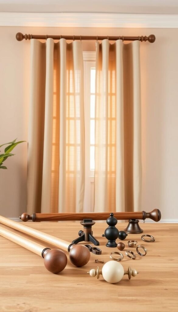 A well-lit studio setting showcasing a variety of earthy-toned curtain hardware options. In the foreground, a selection of natural wood, brushed bronze, and matte black curtain rods, finials, and rings are arranged neatly on a wooden surface. In the middle ground, sheer linen curtain panels in warm, neutral hues softly billow, highlighting the hardware's textures and finishes. The background features a neutral wall with warm, indirect lighting, creating a cozy, inviting atmosphere that complements the earthy, organic theme. The composition is balanced, showcasing the curtain hardware in a visually appealing and informative manner. A well-lit studio setting showcasing a variety of earthy-toned curtain hardware options. In the foreground, a selection of natural wood, brushed bronze, and matte black curtain rods, finials, and rings are arranged neatly on a wooden surface. In the middle ground, sheer linen curtain panels in warm, neutral hues softly billow, highlighting the hardware's textures and finishes. The background features a neutral wall with warm, indirect lighting, creating a cozy, inviting atmosphere that complements the earthy, organic theme. The composition is balanced, showcasing the curtain hardware in a visually appealing and informative manner.