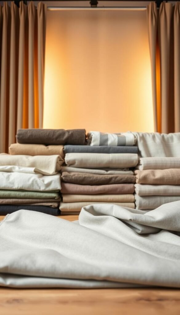 A well-lit studio setting showcasing an array of high-quality fabric samples for curtains. In the foreground, a selection of soft, luxurious grey and beige textiles are neatly displayed on a wooden table, their folds and textures meticulously captured. In the middle ground, a mix of solid-colored and patterned fabrics, including velvet, linen, and sheer options, are presented against a neutral background, allowing their nuanced hues and weaves to shine. The background features a warm, diffused lighting setup that casts a gentle, flattering glow on the fabrics, emphasizing their depth and visual appeal. The overall composition exudes a sense of sophistication, highlighting the best fabric choices for creating elegant, harmonious grey and beige curtains. A well-lit studio setting showcasing an array of high-quality fabric samples for curtains. In the foreground, a selection of soft, luxurious grey and beige textiles are neatly displayed on a wooden table, their folds and textures meticulously captured. In the middle ground, a mix of solid-colored and patterned fabrics, including velvet, linen, and sheer options, are presented against a neutral background, allowing their nuanced hues and weaves to shine. The background features a warm, diffused lighting setup that casts a gentle, flattering glow on the fabrics, emphasizing their depth and visual appeal. The overall composition exudes a sense of sophistication, highlighting the best fabric choices for creating elegant, harmonious grey and beige curtains.