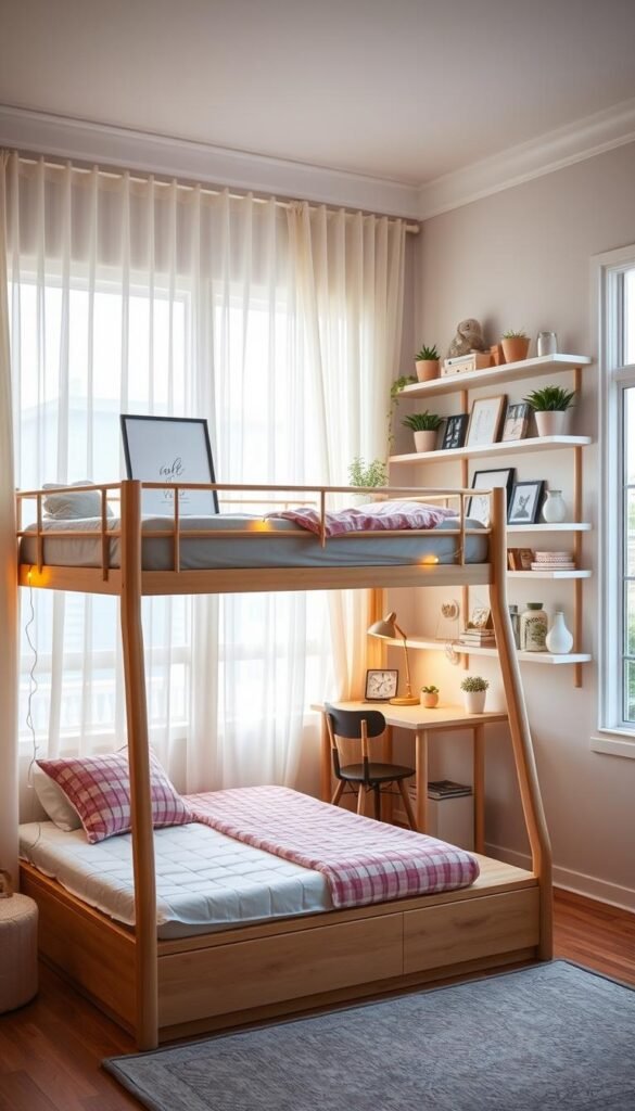 A well-organized and efficiently utilized girls' bedroom, bathed in soft natural lighting that filters through sheer curtains. In the foreground, a lofted bed frame provides ample storage and display space underneath, with decorative string lights adding a cozy ambiance. Floating shelves line the walls, showcasing an artful arrangement of framed artwork, potted plants, and decorative accents. In the middle ground, a compact desk and chair setup nestled in the corner, optimizing the use of vertical space. The background features a large window, allowing the room to feel bright, airy, and welcoming.