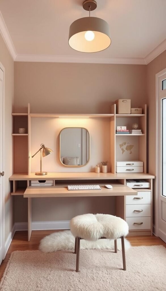 A well-organized and functional desk and vanity combo in a warm, inviting girls' bedroom. The sleek, minimalist design features a large, smooth wooden desktop with a modern vanity mirror and lighting setup against a soft, neutral-toned wall. Stylish metal accents and a plush, patterned rug add visual interest. Ample storage compartments and shelves optimize the compact footprint, creating a streamlined, space-saving solution. Soft, diffused lighting from a pendant fixture above casts a cozy glow, while large windows allow natural light to fill the room. The arrangement exudes an elegant, productive atmosphere perfect for both work and self-care.