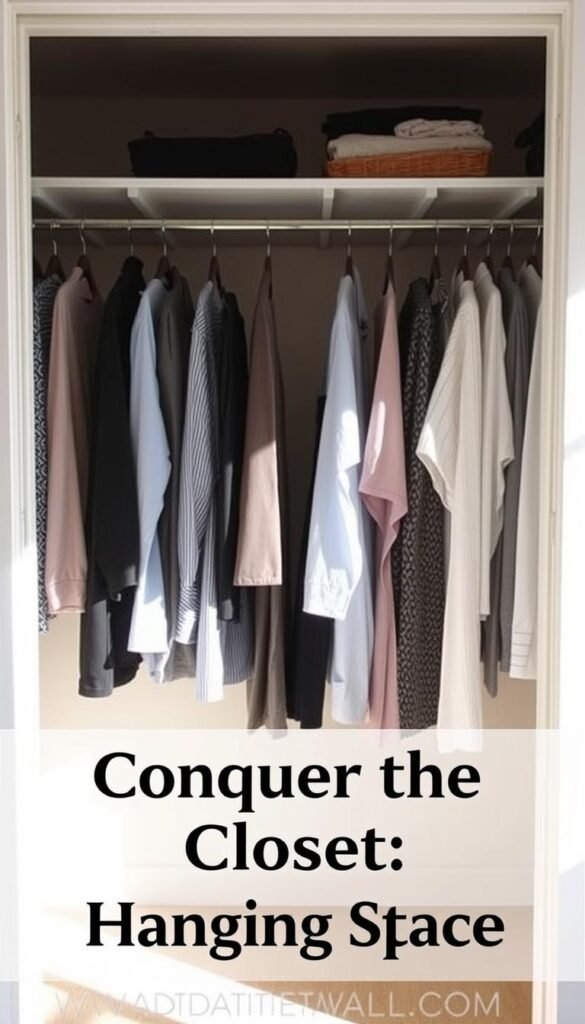 A well-organized closet with a double hanging rod system, showcasing an efficient storage solution. The space is filled with neatly hung garments, creating a visually appealing and practical arrangement. Soft, natural lighting illuminates the scene, casting gentle shadows that add depth and dimension. The layout emphasizes the thoughtful use of vertical space, maximizing the available area and optimizing the closet's functionality. The overall atmosphere is one of order, tidiness, and a sense of calm, perfectly capturing the essence of the "Conquer the Closet: Double Your Hanging Space" section of the article. A well-organized closet with a double hanging rod system, showcasing an efficient storage solution. The space is filled with neatly hung garments, creating a visually appealing and practical arrangement. Soft, natural lighting illuminates the scene, casting gentle shadows that add depth and dimension. The layout emphasizes the thoughtful use of vertical space, maximizing the available area and optimizing the closet's functionality. The overall atmosphere is one of order, tidiness, and a sense of calm, perfectly capturing the essence of the "Conquer the Closet: Double Your Hanging Space" section of the article.