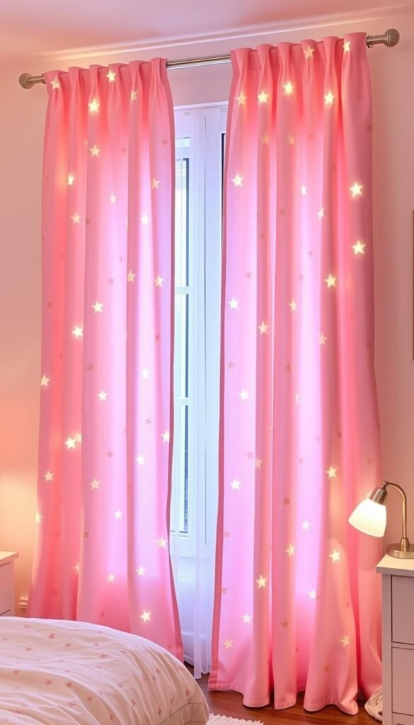 A whimsical star-patterned curtain set in a cozy, well-lit girls' bedroom. The curtains feature a soft, pastel color palette of pink, white, and hints of gold. The stars are delicately scattered across the fabric, creating a magical, twinkly effect. The curtains flow gracefully, framing the window and casting a warm, ambient glow throughout the space. The overall atmosphere is one of enchantment and wonder, perfect for a young child's imagination to soar. Soft, diffused lighting from a nearby lamp or natural daylight illuminates the scene, enhancing the dreamy, fairy-tale-like quality of the image.