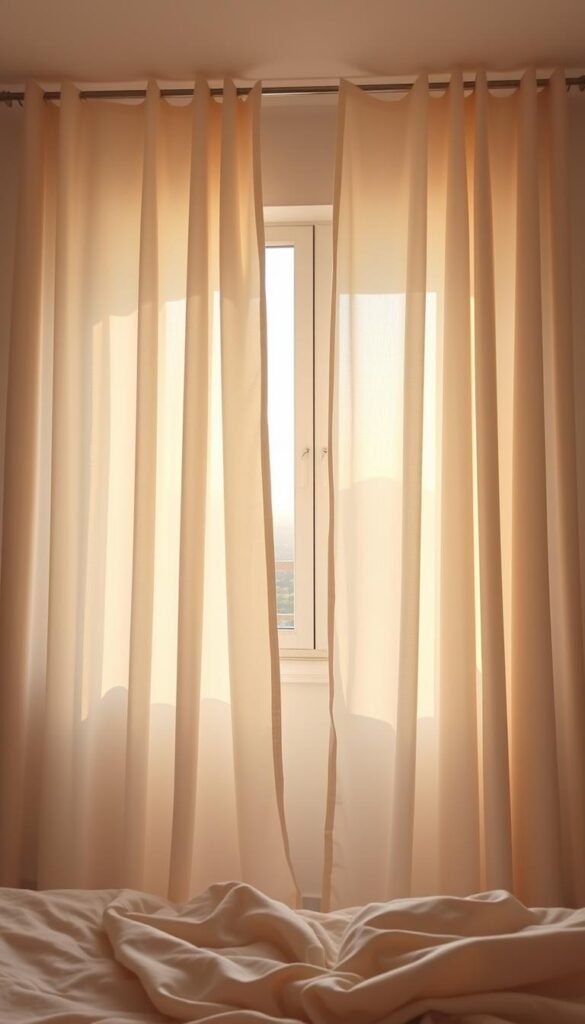 An airy, serene bedroom with softly draped off-white curtains, gently billowing in the warm afternoon sunlight. The curtains frame a tranquil landscape outside the window, with a hazy horizon and a calming, muted color palette. The room's neutral tones and natural textures create a soothing, meditative atmosphere, inviting relaxation and rest. Soft, diffused lighting filters through the curtains, casting a gentle glow throughout the space. The camera angle is slightly elevated, capturing the serene scene from an inviting, peaceful perspective.