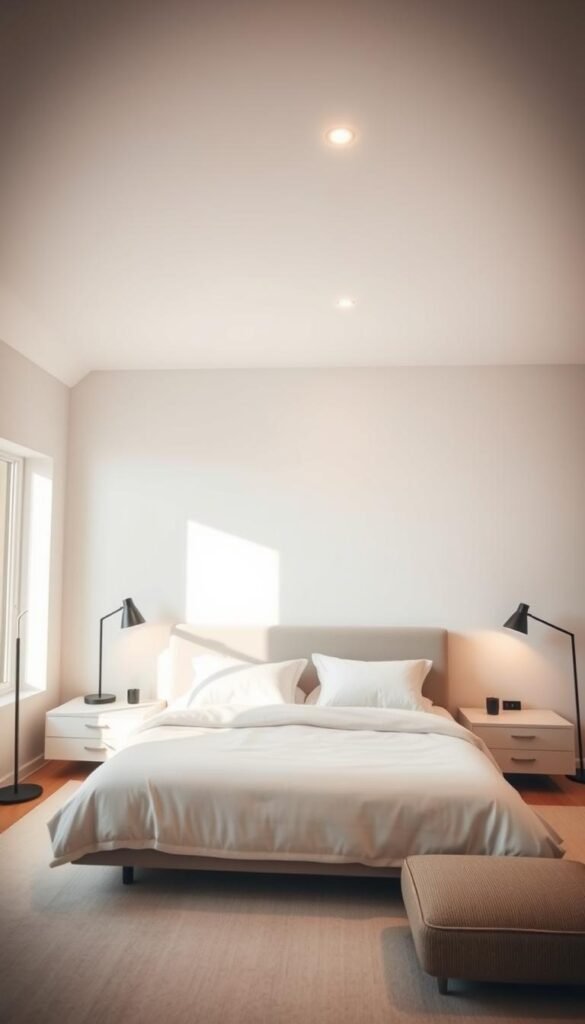 An airy, well-lit master bedroom with a cozy, calming atmosphere. Soft, diffused lighting from a large window illuminates the space, casting a gentle glow on the neutral-toned furnishings. A pair of sleek, modern bedside lamps cast a warm, ambient light, complementing the overhead recessed lighting. The layout features a plush, inviting bed with crisp, white linens, flanked by floating nightstands. Strategically placed floor lamps in the corners provide additional task lighting and depth. The result is a harmonious, functional space that promotes relaxation and restfulness.