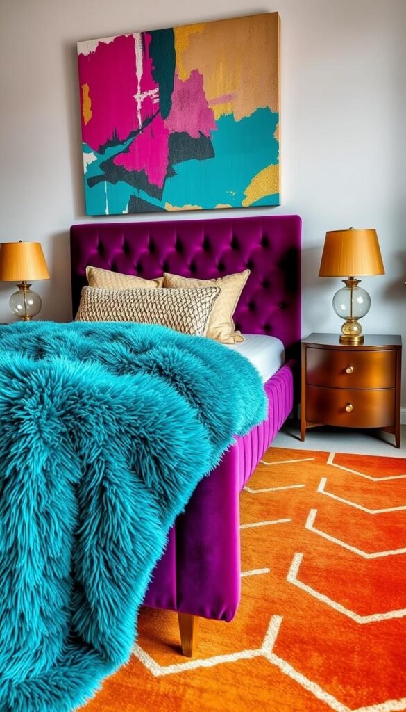 An artfully arranged bedroom with unexpected color combinations that reflect a unique personality. In the foreground, a plush, jewel-toned velvet bed frame in deep amethyst purple contrasts with a lush, textured blanket in a vibrant turquoise. On the nightstands, delicate glass lamps with amber-hued shades cast a warm, cozy glow. The middle ground features a geometric-patterned area rug in shades of burnt orange and mustard yellow, anchoring the space. In the background, abstract wall art in bold strokes of fuchsia, teal, and metallic gold adds visual interest and personality. The overall mood is one of refined elegance and creative expression, inspiring a sense of wonder and individuality. An artfully arranged bedroom with unexpected color combinations that reflect a unique personality. In the foreground, a plush, jewel-toned velvet bed frame in deep amethyst purple contrasts with a lush, textured blanket in a vibrant turquoise. On the nightstands, delicate glass lamps with amber-hued shades cast a warm, cozy glow. The middle ground features a geometric-patterned area rug in shades of burnt orange and mustard yellow, anchoring the space. In the background, abstract wall art in bold strokes of fuchsia, teal, and metallic gold adds visual interest and personality. The overall mood is one of refined elegance and creative expression, inspiring a sense of wonder and individuality.