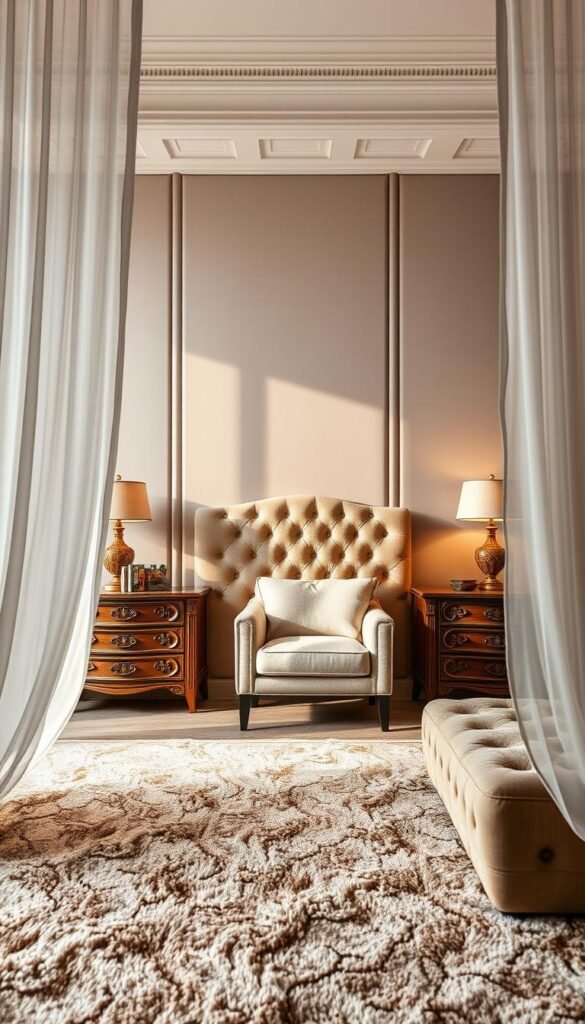 An elegant, textured bedroom design showcasing a variety of tactile surfaces. The foreground features a plush, patterned rug and a tufted velvet headboard with gold accents, creating a luxurious focal point. In the middle ground, wooden nightstands with intricate carving flank a soft, linen-upholstered armchair. Flowing sheer curtains frame the scene, casting a warm, diffused light. The background displays a mixture of smooth, matte wall panels and rustic, exposed brick, adding depth and visual interest. The overall atmosphere is one of refined sophistication and cozy, layered textures.