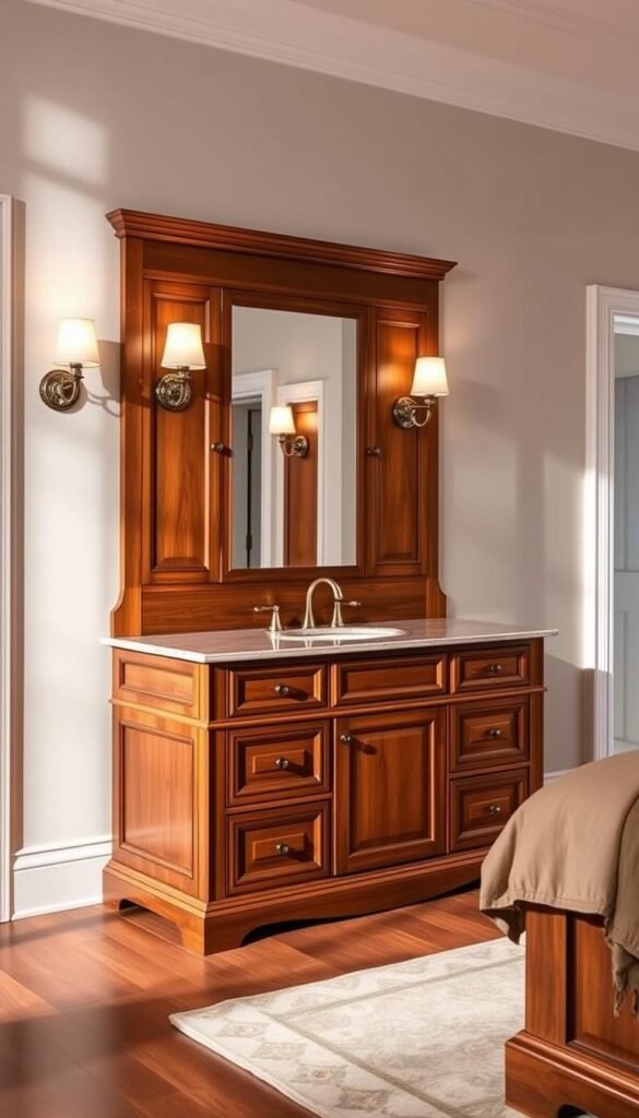 An elegant wooden vanity with ample storage stands in a well-lit, inviting bedroom. Crafted from rich, warm-toned hardwood, the vanity features a spacious countertop and numerous drawers and cabinets, providing abundant storage space. Soft, diffused lighting from a pair of sconces on the wall above casts a gentle glow, highlighting the vanity's intricate woodgrain details. The vanity is positioned against a backdrop of neutral-toned walls, creating a serene and sophisticated atmosphere. The overall scene exudes a timeless, luxurious ambiance, perfectly complementing the refined aesthetic of the bedroom. An elegant wooden vanity with ample storage stands in a well-lit, inviting bedroom. Crafted from rich, warm-toned hardwood, the vanity features a spacious countertop and numerous drawers and cabinets, providing abundant storage space. Soft, diffused lighting from a pair of sconces on the wall above casts a gentle glow, highlighting the vanity's intricate woodgrain details. The vanity is positioned against a backdrop of neutral-toned walls, creating a serene and sophisticated atmosphere. The overall scene exudes a timeless, luxurious ambiance, perfectly complementing the refined aesthetic of the bedroom.
