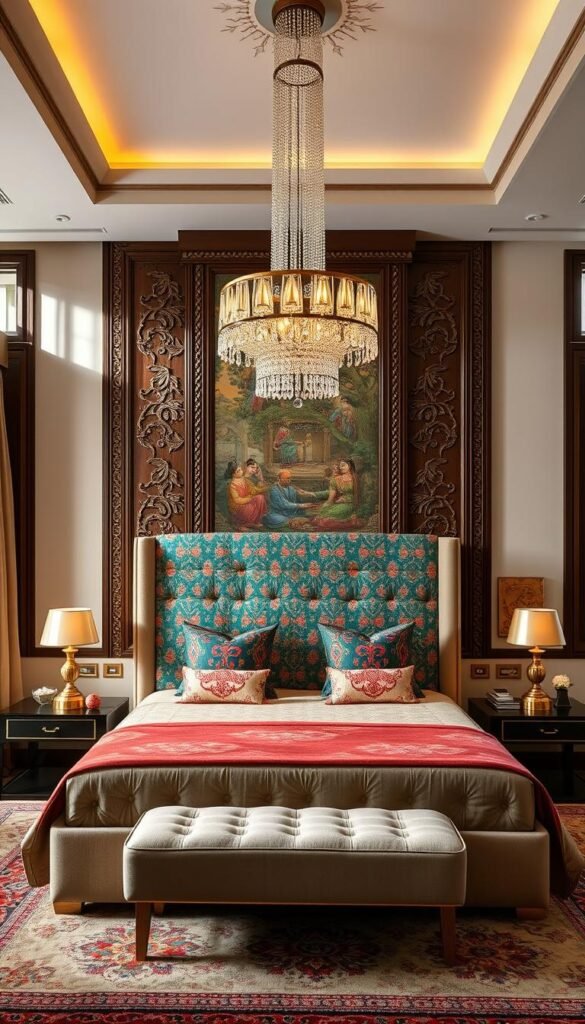 An elegantly designed contemporary Indian bedroom, blending traditional cultural elements with modern aesthetics. A plush, tufted bed with a vibrant, hand-woven Ikat-patterned headboard takes center stage, flanked by sleek side tables with intricate brass detailing. Warm, diffused lighting from a cascading chandelier casts a cozy glow, while large windows allow natural light to filter in, illuminating the intricate wood carvings and hand-painted murals on the walls. Subtle pops of color from traditional textiles and handcrafted accessories seamlessly integrate the past and present, creating a harmonious, visually captivating space.