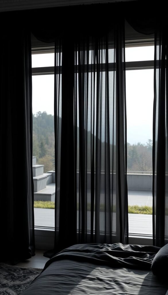 An elegantly draped set of charcoal black curtains, their heavy folds casting deep shadows across a luxurious bedroom. The curtains hang from sleek, minimalist rods, framing a large window overlooking a serene outdoor scene. Soft, indirect lighting filters through the fabric, creating a moody, sophisticated ambiance. The room's palette is dominated by shades of charcoal and gray, with accents of plush, textured materials like velvet and silk. A large, inviting bed takes center stage, its bedding in complementary tones. An air of tranquility and refinement permeates the space, making it the perfect retreat for relaxation and rest.