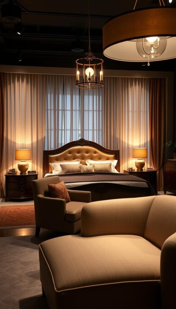 An elegantly lit bedroom showcasing a sophisticated furniture display. The scene features a luxurious king-size bed with plush bedding and ornate wooden headboard, flanked by matching nightstands with warm lighting from table lamps. In the foreground, a stylish armchair and chaise lounge create a cozy sitting area, illuminated by a modern pendant light overhead. The backdrop includes a large window with sheer curtains, allowing natural light to filter in and create a soft, ambient glow. The overall atmosphere evokes a sense of refined elegance and relaxation, with the lighting design accentuating the fine details of the furniture.