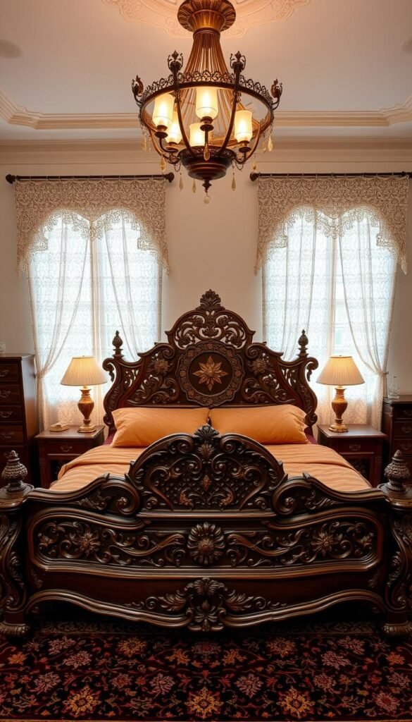 An exquisitely crafted Turkish bedroom set, showcasing the region's renowned artistry. In the foreground, a magnificent hand-carved wooden bed frame, adorned with intricate floral motifs and intricate latticework. Plush textiles in warm earth tones cover the bedding, inviting a cozy respite. Ornate side tables and a dresser in matching dark wood flank the bed, their surfaces polished to a gleam. Overhead, a dramatic light fixture in brass or wrought iron casts a soft, ambient glow. In the background, a traditional Turkish rug in rich, saturated hues anchors the space, while delicate lace curtains frame the windows, allowing natural light to filter in. The scene exudes a sense of timeless elegance and the hallmarks of skilled Turkish craftsmanship. An exquisitely crafted Turkish bedroom set, showcasing the region's renowned artistry. In the foreground, a magnificent hand-carved wooden bed frame, adorned with intricate floral motifs and intricate latticework. Plush textiles in warm earth tones cover the bedding, inviting a cozy respite. Ornate side tables and a dresser in matching dark wood flank the bed, their surfaces polished to a gleam. Overhead, a dramatic light fixture in brass or wrought iron casts a soft, ambient glow. In the background, a traditional Turkish rug in rich, saturated hues anchors the space, while delicate lace curtains frame the windows, allowing natural light to filter in. The scene exudes a sense of timeless elegance and the hallmarks of skilled Turkish craftsmanship.