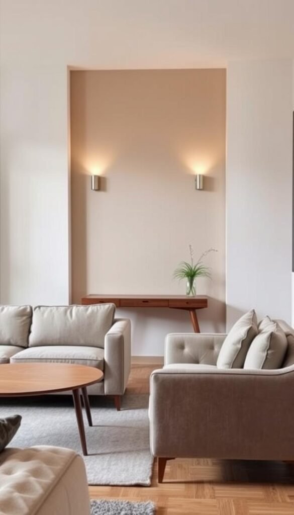 An intimate living space with carefully selected apartment-sized furniture, showcasing a harmonious blend of function and style. In the foreground, a compact sofa with plush upholstery and clean lines, accompanied by a matching armchair and a minimalist coffee table. The middle ground features a mid-century inspired console table, its slim profile and tapered legs complementing the scale of the room. Soft, diffused lighting emanates from a pair of sleek wall sconces, creating a warm, inviting atmosphere. The background reveals a neutral-toned accent wall, allowing the furniture to take center stage. Balanced proportions and a carefully curated color palette evoke a sense of tranquility and sophistication, perfectly suited for a small bedroom environment.