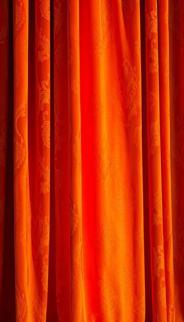 Autumn curtain fabric textures, rich and inviting. Soft, luxurious velvet in warm rust tones, gently cascading with subtle pleats. Velvety nap catching the light, casting gentle shadows. Textural patterns of damask or jacquard, adding depth and complexity. Threads of gold or copper woven through, shimmering like embers. Backdrop of muted earthy hues, complementing the autumnal palette. Crisp, even lighting from above, highlighting the fabric's depth and dimension. Photographed at a slight angle to capture the graceful drape and sumptuous texture. An inviting, cozy atmosphere, perfect for an autumn-inspired bedroom.