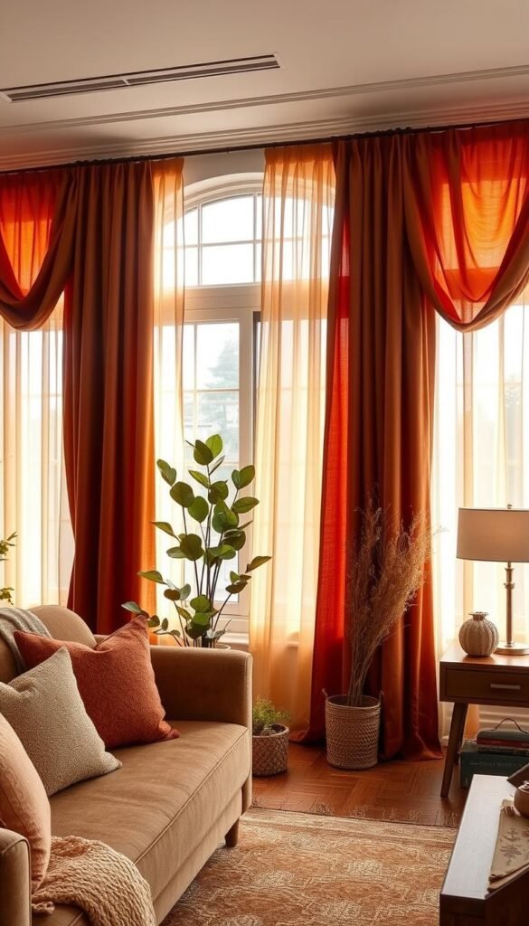 Autumn curtain styling techniques: A cozy living room setting, with warm rust-toned curtains gracefully draped over large windows. Soft, diffused lighting filters through the curtains, creating a serene, autumnal ambiance. The curtain folds gently cascade, accentuating their luxurious textures and hues. Plush, earth-toned furnishings and accents complement the curtains, evoking a sense of rustic elegance. Potted plants and natural fiber decor add organic touches, while a wooden side table and sleek lamp contribute to the balanced, harmonious composition. The overall scene exudes a welcoming, autumn-inspired atmosphere, perfect for setting the mood in a bedroom.