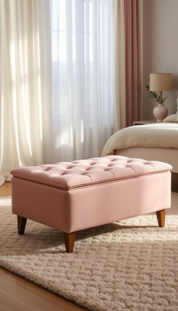 Blush pink upholstered storage ottoman with tufted details and slim, tapered wooden legs. The ottoman is situated in a cozy, well-lit bedroom setting, with soft, natural lighting filtering through sheer curtains. The background features neutral-toned walls and a plush, textured area rug, creating a serene and inviting atmosphere. The ottoman takes center stage, its soft, feminine hue and elegant design making it a statement piece that anchors the room's decor. Detailed attention is paid to the ottoman's materiality, with the velvety-smooth fabric and gleaming wood finish capturing the eye and inviting touch.