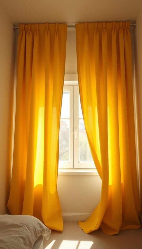 Ceiling-to-floor yellow curtains cascade elegantly in a cozy, sun-drenched bedroom. The vibrant, mustard-hued fabric softly filters the natural light, casting a warm, inviting glow throughout the intimate space. The curtains are tailored to fit the room's proportions, hanging in graceful folds that complement the modest scale. A gentle breeze sways the curtains, creating a serene, tranquil atmosphere. The overall scene exudes a sense of coziness and brightness, perfectly capturing the essence of how yellow curtains can transform a small bedroom into a cheerful, uplifting retreat. Ceiling-to-floor yellow curtains cascade elegantly in a cozy, sun-drenched bedroom. The vibrant, mustard-hued fabric softly filters the natural light, casting a warm, inviting glow throughout the intimate space. The curtains are tailored to fit the room's proportions, hanging in graceful folds that complement the modest scale. A gentle breeze sways the curtains, creating a serene, tranquil atmosphere. The overall scene exudes a sense of coziness and brightness, perfectly capturing the essence of how yellow curtains can transform a small bedroom into a cheerful, uplifting retreat.
