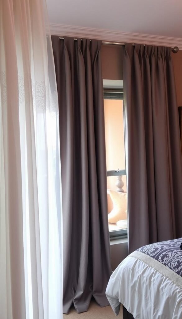 Contrasting curtain styles in a warm, inviting bedroom setting: in the foreground, elegant floor-to-ceiling sheer white curtains with delicate lace detailing, billowing softly in natural light; in the middle, heavy, textured gray velvet curtains framing the windows, adding depth and drama; in the background, the warm, muted tones of the bedroom walls, creating a serene and cozy ambiance. The different curtain fabrics, textures, and lengths work in harmony, defining the mood and function of the space - the sheer curtains lending an airy, ethereal feel, the velvet curtains providing privacy and a cozy, intimate atmosphere.