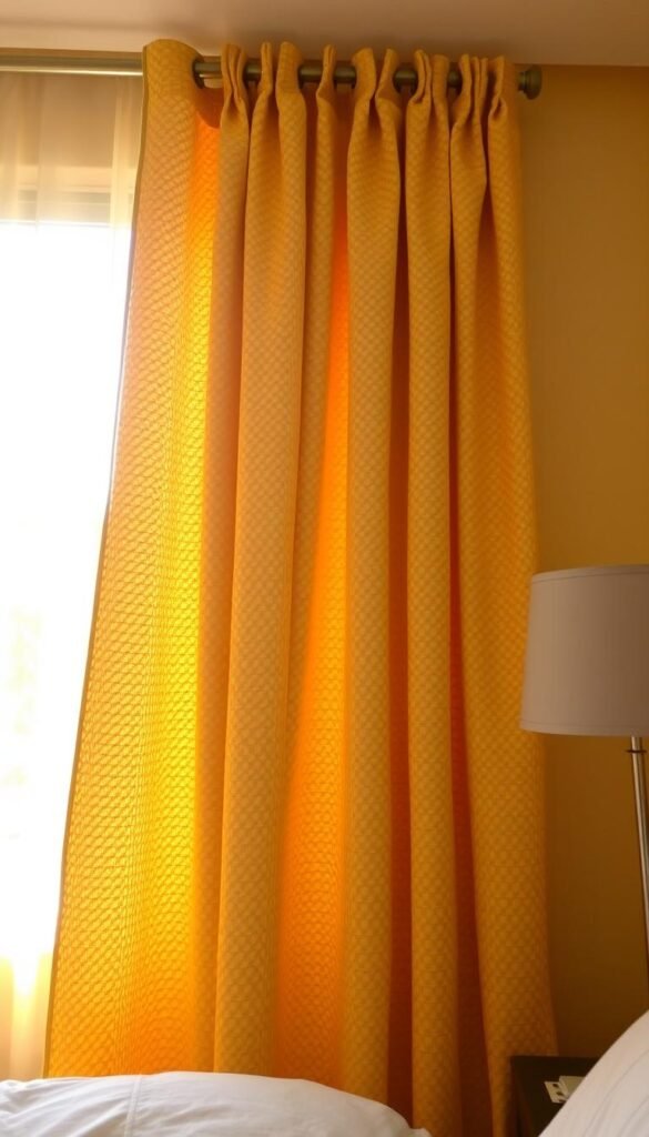 Cozy bedroom bathed in warm, golden light. Patterned yellow curtains hang gracefully, casting a soft glow over the scene. The curtain fabric features an intricate, woven design that adds visual depth and texture. The curtains are draped neatly, framing the windows and complementing the room's neutral color palette. Soft, diffused lighting from a nearby lamp creates a intimate, relaxing atmosphere. The curtains are the central focus, drawing the eye and radiating a sense of comfort and coziness throughout the space. Cozy bedroom bathed in warm, golden light. Patterned yellow curtains hang gracefully, casting a soft glow over the scene. The curtain fabric features an intricate, woven design that adds visual depth and texture. The curtains are draped neatly, framing the windows and complementing the room's neutral color palette. Soft, diffused lighting from a nearby lamp creates a intimate, relaxing atmosphere. The curtains are the central focus, drawing the eye and radiating a sense of comfort and coziness throughout the space.