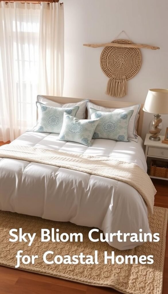 Cozy coastal bedding and accessories arranged in a sun-drenched bedroom. A plush rug with a subtle wave pattern lies at the foot of a neatly made bed, its crisp white linens accented by soft blue and green patterned pillows. Matching decorative pillows add texture and depth, while a woven wall hanging and driftwood-inspired lamp create a serene, beachy ambiance. Warm, natural lighting filters through sheer curtains, casting a gentle glow over the tranquil scene. The overall composition exudes a sense of relaxation and elegance, perfectly complementing the "Sky Blue Bedroom Curtains for Coastal Homes" theme.