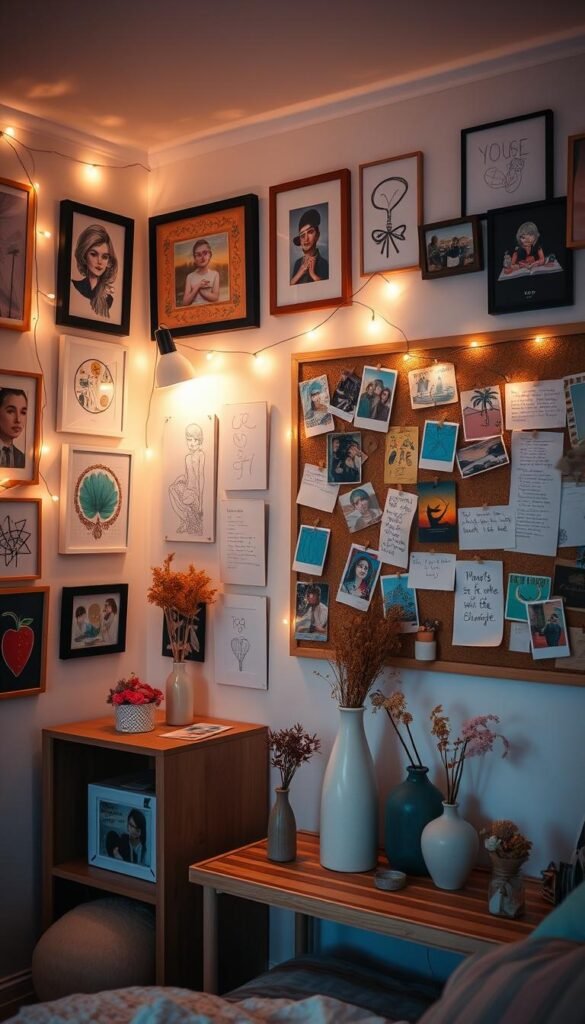 Cozy teen girl's bedroom, the walls adorned with an eclectic mix of framed prints, sketches, and personal artworks. Fairy lights and string lights create a warm, ambient glow, casting a soft, dreamlike atmosphere. Colorful posters, polaroid photos, and handwritten notes are pinned to a cork board, showcasing the girl's unique style and interests. On a wooden display shelf, ceramic vases hold dried flowers and small trinkets, complementing the overall aesthetic. The room is filled with a sense of creativity, self-expression, and a touch of whimsy, capturing the essence of a teen's personal art display.