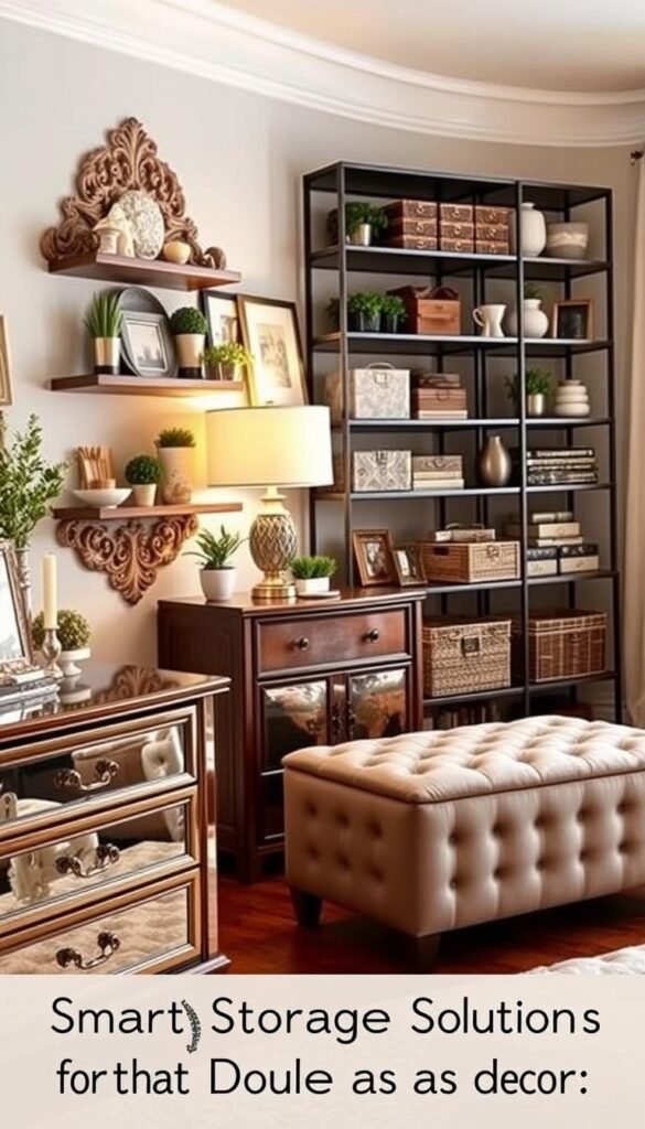 Decorative storage solutions for a girls' bedroom: elegant shelves with intricate carved details, displaying an array of carefully curated trinkets, plants, and photo frames. In the foreground, a sleek dresser with mirrored drawers reflects the warm, soft lighting from a nearby table lamp. The middle ground features a stylish storage ottoman, its tufted surface doubling as a comfortable seating area. In the background, a wall-mounted bookcase showcases an eclectic mix of decorative boxes, baskets, and vases, creating a visually appealing and functional storage solution. The overall atmosphere is cozy, inviting, and visually harmonious, perfectly complementing the "Smart Storage Solutions That Double as Decor" section of the article.