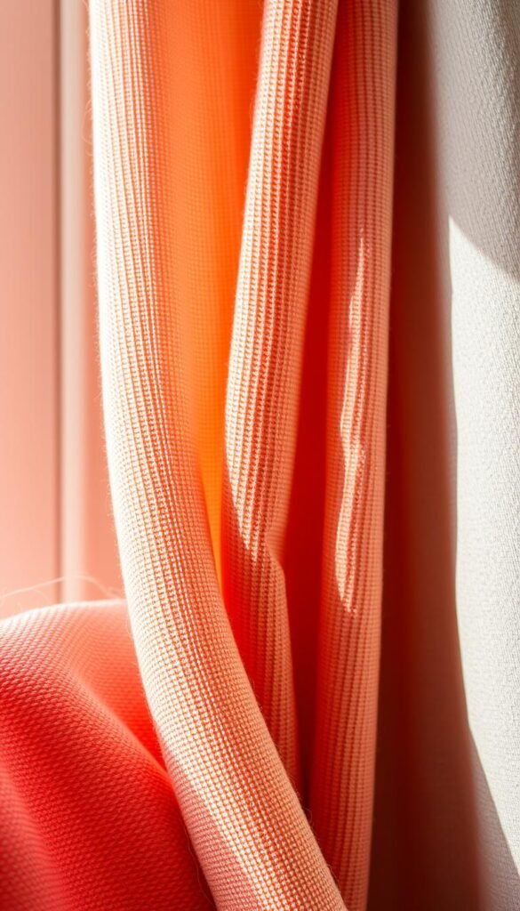 Detailed close-up of coral-colored fabric samples showcasing diverse textures, photographed in natural window light. Crisp and vibrant colors, with variegated patterns and intricate woven details. Samples are neatly arranged against a soft, neutral background, highlighting the fabric's tactile qualities and visual appeal. Lighting is diffused and gentle, creating a serene, high-quality still life composition that emphasizes the beauty and complexity of the coral-themed textile materials.