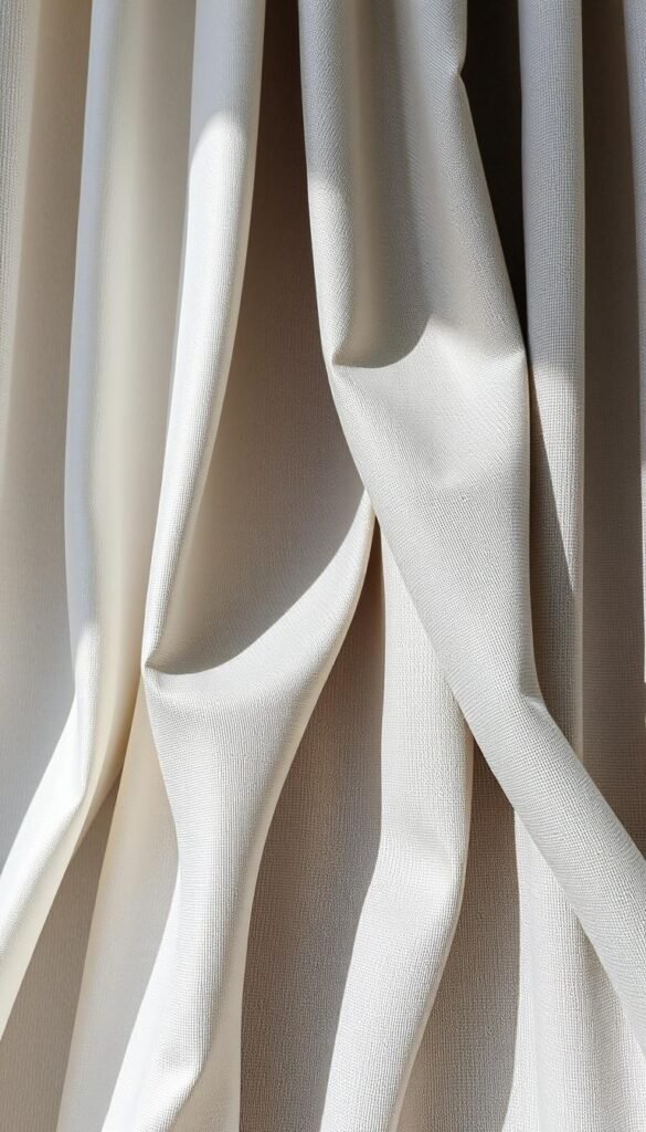 Detailed close-up shot of various high-quality grey and white curtain fabric textures, focusing on the intricate weave patterns, soft and luxurious feel, and subtle sheen. The fabrics should appear draped and flowing, with natural lighting casting gentle shadows to showcase the depth and dimensionality. Capture the essence of premium curtain materials that would be suitable for a sophisticated grey and white bedroom design.