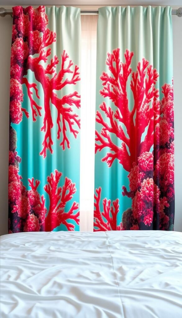 Detailed coral curtain design showcasing a vibrant, naturalistic aesthetic. Prominently featured in the foreground, a lush, cascading coral pattern with intricate, organic forms and vibrant hues of pink, orange, and red. The middle ground transitions to a soft, diffused lighting effect, creating a warm, inviting ambiance. The background gently blends into a tranquil, underwater-inspired setting, with subtle hints of blue and green to evoke a sense of calm and serenity. Captured through a wide-angle lens, the composition emphasizes the focal point of the coral curtain design and its harmonious integration within the overall bedroom environment.