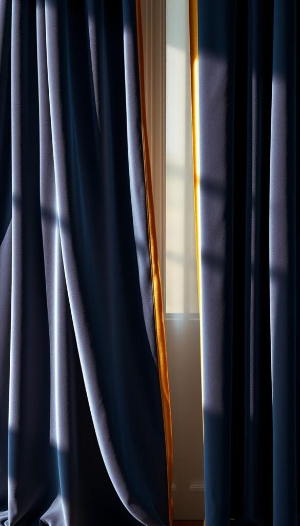Detailed high-resolution image of a navy blue velvet curtain fabric with a striking gold trim, hung in a well-lit, elegant bedroom setting. The curtain material has a luxurious, plush texture and a slight sheen. The gold trim accentuates the rich, velvety appearance, creating a visually captivating contrast. The curtains are draped gracefully, with gentle folds and creases that add depth and movement to the composition. The lighting casts warm, flattering shadows, highlighting the sumptuous quality of the fabric. The overall scene exudes a sense of refined sophistication and timeless glamour, perfectly suited for a luxurious bedroom decor. Detailed high-resolution image of a navy blue velvet curtain fabric with a striking gold trim, hung in a well-lit, elegant bedroom setting. The curtain material has a luxurious, plush texture and a slight sheen. The gold trim accentuates the rich, velvety appearance, creating a visually captivating contrast. The curtains are draped gracefully, with gentle folds and creases that add depth and movement to the composition. The lighting casts warm, flattering shadows, highlighting the sumptuous quality of the fabric. The overall scene exudes a sense of refined sophistication and timeless glamour, perfectly suited for a luxurious bedroom decor.