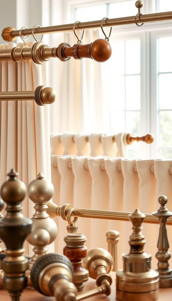 Detailed image of various curtain hardware header style options in a bright, well-lit studio setting. Foreground displays a variety of stylish curtain rod finials, brackets, and rings in a range of materials including brushed metal, wood, and polished brass. Middle ground showcases different header styles like grommet, tab top, and pinch pleat against a clean, white backdrop. Soft, diffused natural lighting from large windows casts a warm glow across the scene. Camera angle slightly elevated to provide an comprehensive overview of the curtain hardware components. Crisp focus and high-resolution capture to clearly convey the textures, colors, and design elements of the curtain header options. Detailed image of various curtain hardware header style options in a bright, well-lit studio setting. Foreground displays a variety of stylish curtain rod finials, brackets, and rings in a range of materials including brushed metal, wood, and polished brass. Middle ground showcases different header styles like grommet, tab top, and pinch pleat against a clean, white backdrop. Soft, diffused natural lighting from large windows casts a warm glow across the scene. Camera angle slightly elevated to provide an comprehensive overview of the curtain hardware components. Crisp focus and high-resolution capture to clearly convey the textures, colors, and design elements of the curtain header options.