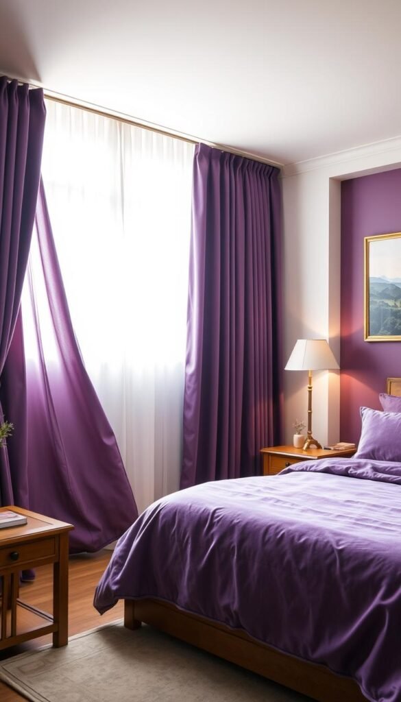 Elegant and refined purple curtains, softly billowing in a well-lit bedroom. The curtains are expertly coordinated with the room's decor - plush velvet bedding in a complementary shade, wooden furniture with a warm, rustic finish, and a serene landscape painting on the wall. Soft, diffused lighting creates a cozy, inviting atmosphere, while a large window allows natural light to filter in. The entire scene exudes a sense of tranquility and sophistication, showcasing how thoughtfully chosen purple curtains can elevate the ambiance of a bedroom.