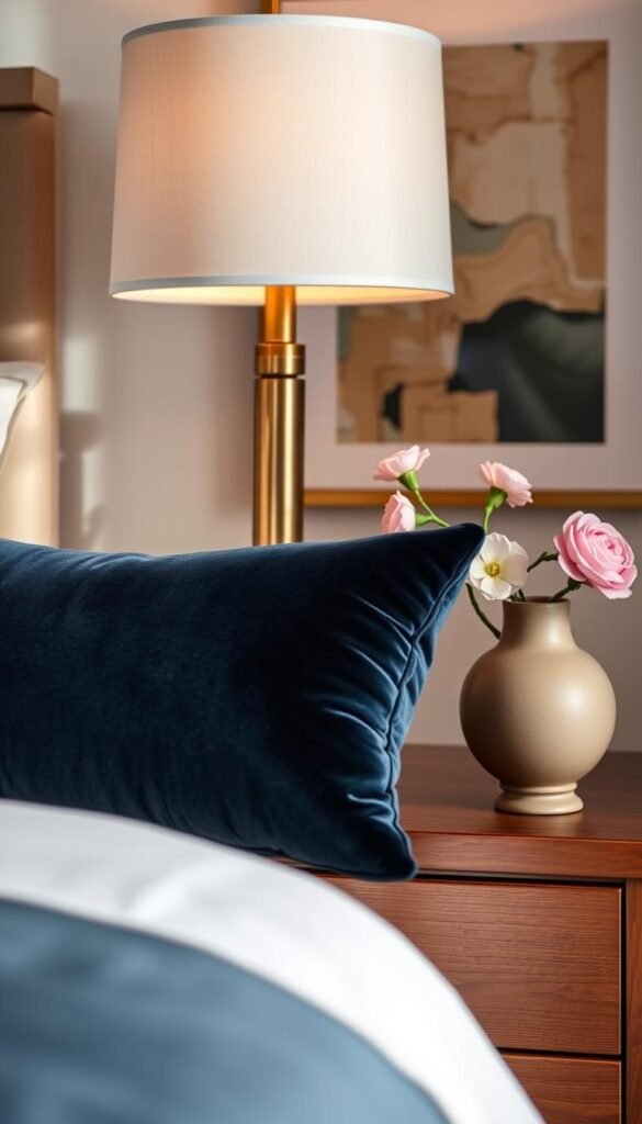 Elegant bedroom accent pieces, meticulously arranged on a wooden nightstand. In the foreground, a plush velvet throw pillow in a rich jewel tone, complemented by a brass table lamp with a linen shade casting a warm glow. In the middle ground, a sculptural ceramic vase holds a delicate bouquet of fresh flowers, their petals softly illuminated. Behind, a framed piece of abstract art hangs on the wall, its colors harmonizing with the overall palette. The scene is bathed in gentle, directional lighting, creating depth and texture. The mood is one of refined sophistication and attention to detail, inviting the viewer to imagine how these accents would elevate the overall bedroom design.