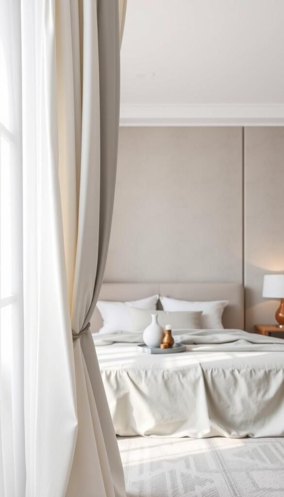Elegant bedroom scene with a focal point of stylishly draped white and grey curtains. In the foreground, the curtains cascade gracefully, their folds and textures illuminated by soft, natural light filtering in. In the middle ground, a cozy bed with plush bedding and tasteful decorative accents like vases and candles, all in a harmonious color palette. The background features a neutral-toned wall with subtle textural elements, creating a serene, minimalist ambiance. The overall composition exudes a sense of refined sophistication and tranquility, perfectly capturing the essence of the "Styling Tips: Coordinating Your Curtains with Bedroom Elements" section. Elegant bedroom scene with a focal point of stylishly draped white and grey curtains. In the foreground, the curtains cascade gracefully, their folds and textures illuminated by soft, natural light filtering in. In the middle ground, a cozy bed with plush bedding and tasteful decorative accents like vases and candles, all in a harmonious color palette. The background features a neutral-toned wall with subtle textural elements, creating a serene, minimalist ambiance. The overall composition exudes a sense of refined sophistication and tranquility, perfectly capturing the essence of the "Styling Tips: Coordinating Your Curtains with Bedroom Elements" section.
