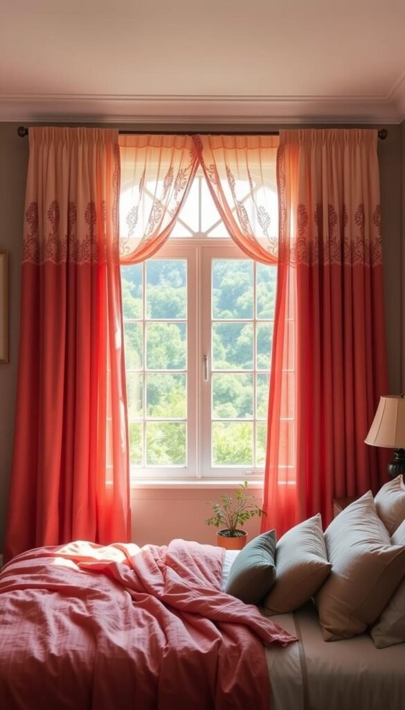 Elegant coral-colored window curtains adorn a serene bedroom, their delicate patterns and hues adding a warm, inviting ambiance. Sunlight filters through the sheer fabric, casting a soft, natural glow across the space. The curtains frame a large window, overlooking a lush, verdant landscape outside. Plush bedding in complementary tones and textures creates a cozy, harmonious atmosphere, while subtle decor accents, such as a potted plant and a wooden side table, further enhance the room's calming, nature-inspired aesthetic. The overall scene exudes a sense of peaceful relaxation, showcasing how coral curtains can elevate the beauty and tranquility of a bedroom's interior design.