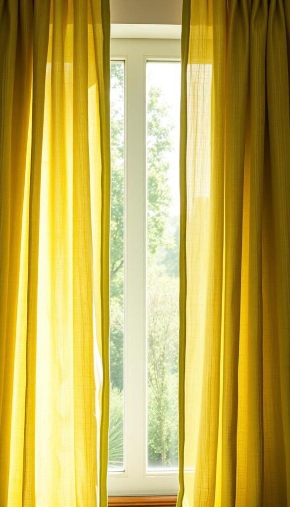 Elegant linen-textured curtains in a lush, verdant green hue. Softly billowing folds catch the natural light, creating a serene, inviting ambiance. Delicate, organic fibers subtly shimmer, evoking a sense of rustic luxury. Hanging in a well-lit, airy space, the curtains frame the view of a tranquil natural landscape outside. Lighting is warm and diffused, highlighting the curtains' natural texture and color. A harmonious composition that seamlessly blends the indoor and outdoor environments, fostering a calming, nature-inspired atmosphere.