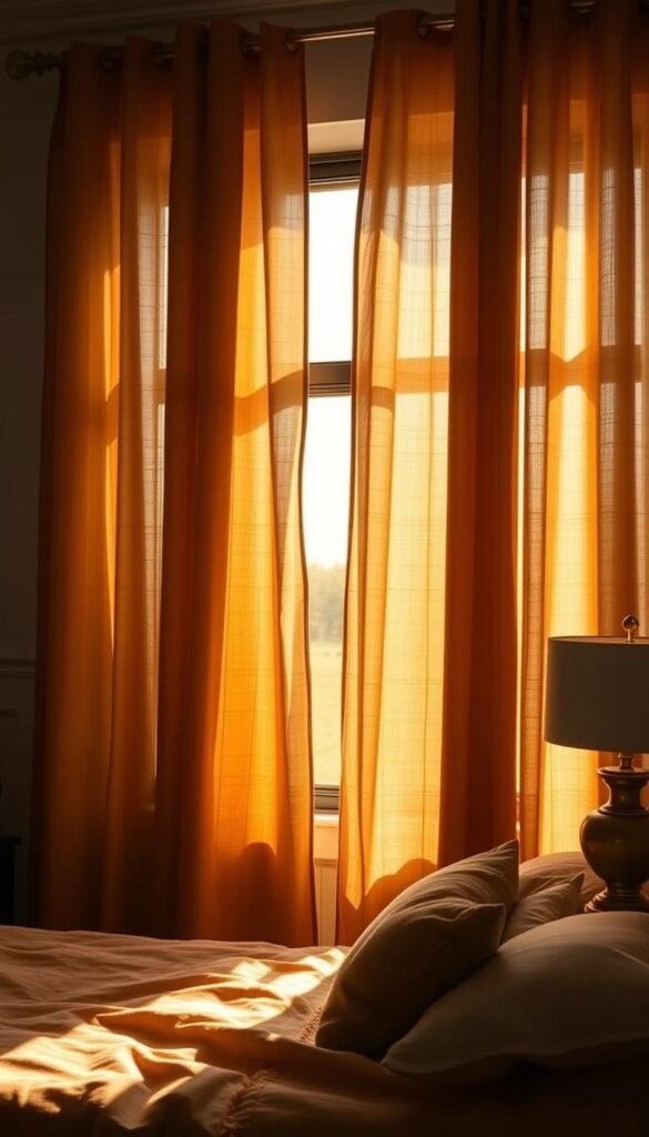 Elegant rust-colored linen curtain panels drift gently in a natural breeze, their soft folds and natural textures casting warm, diffused light across a cozy autumn bedroom. The panels are backlit by a large window, creating a serene and inviting atmosphere. Sunlight filters through the sheer fabric, casting a golden glow and highlighting the nuanced tones of the rust-colored linen. The curtains are the focal point, their natural elegance complementing the tranquil setting. Low-key, soft lighting from table lamps enhances the autumnal mood, while subtle shadows add depth and dimension to the scene.