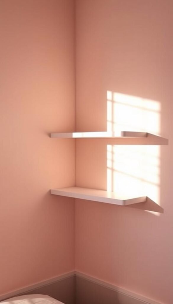 Floating corner shelves, a modern design feature with sleek, minimalist appeal. A pair of streamlined, L-shaped shelves hover effortlessly in a sun-drenched corner, casting delicate shadows on the pastel-toned walls. The shelves, crafted from lightweight yet sturdy materials, appear to defy gravity, creating an illusion of weightlessness. Soft, diffused lighting from concealed sources accentuates the shelves' elegant simplicity, casting a warm, inviting glow throughout the space. The overall scene evokes a sense of calm and tranquility, perfectly suited for a cozy girls' bedroom. Floating corner shelves, a modern design feature with sleek, minimalist appeal. A pair of streamlined, L-shaped shelves hover effortlessly in a sun-drenched corner, casting delicate shadows on the pastel-toned walls. The shelves, crafted from lightweight yet sturdy materials, appear to defy gravity, creating an illusion of weightlessness. Soft, diffused lighting from concealed sources accentuates the shelves' elegant simplicity, casting a warm, inviting glow throughout the space. The overall scene evokes a sense of calm and tranquility, perfectly suited for a cozy girls' bedroom.