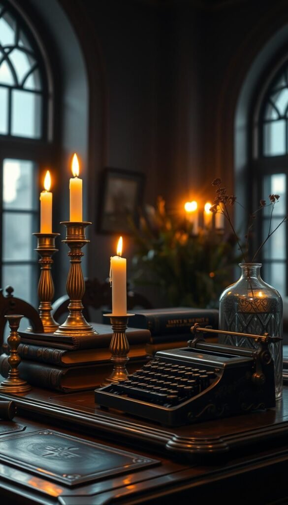 Intricate brass candlesticks, worn leather-bound books, and a vintage typewriter sit atop an ornate mahogany desk. Flickering candle flames cast a warm, golden glow across the scene, illuminating the details of antique brass desk accessories and a delicate glass vase filled with dried flowers. Tall, arched windows allow soft, diffused natural light to filter in, creating a moody, atmospheric ambiance. The rich, earthy tones of the wood and leather, along with the aged patina of the metal elements, evoke a sense of timeless sophistication and intellectual pursuit, transporting the viewer to the cozy, scholarly realm of Dark Academia. Intricate brass candlesticks, worn leather-bound books, and a vintage typewriter sit atop an ornate mahogany desk. Flickering candle flames cast a warm, golden glow across the scene, illuminating the details of antique brass desk accessories and a delicate glass vase filled with dried flowers. Tall, arched windows allow soft, diffused natural light to filter in, creating a moody, atmospheric ambiance. The rich, earthy tones of the wood and leather, along with the aged patina of the metal elements, evoke a sense of timeless sophistication and intellectual pursuit, transporting the viewer to the cozy, scholarly realm of Dark Academia.
