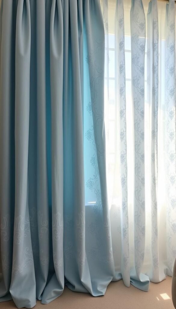 Intricate light blue curtains with delicate patterns and subtle textures, illuminated by soft, natural lighting filtering through a large window. The curtains cascade in graceful folds, their detailed motifs adding visual interest and depth to the serene bedroom setting. The fabric has a slight sheen, reflecting the warm glow of the sunlight. The curtain panels are arranged in a balanced, asymmetrical composition, creating a sense of gentle movement and elegance. The overall mood is one of tranquility and sophistication, perfectly complementing the airy, minimalist aesthetic of the bedroom. Intricate light blue curtains with delicate patterns and subtle textures, illuminated by soft, natural lighting filtering through a large window. The curtains cascade in graceful folds, their detailed motifs adding visual interest and depth to the serene bedroom setting. The fabric has a slight sheen, reflecting the warm glow of the sunlight. The curtain panels are arranged in a balanced, asymmetrical composition, creating a sense of gentle movement and elegance. The overall mood is one of tranquility and sophistication, perfectly complementing the airy, minimalist aesthetic of the bedroom.