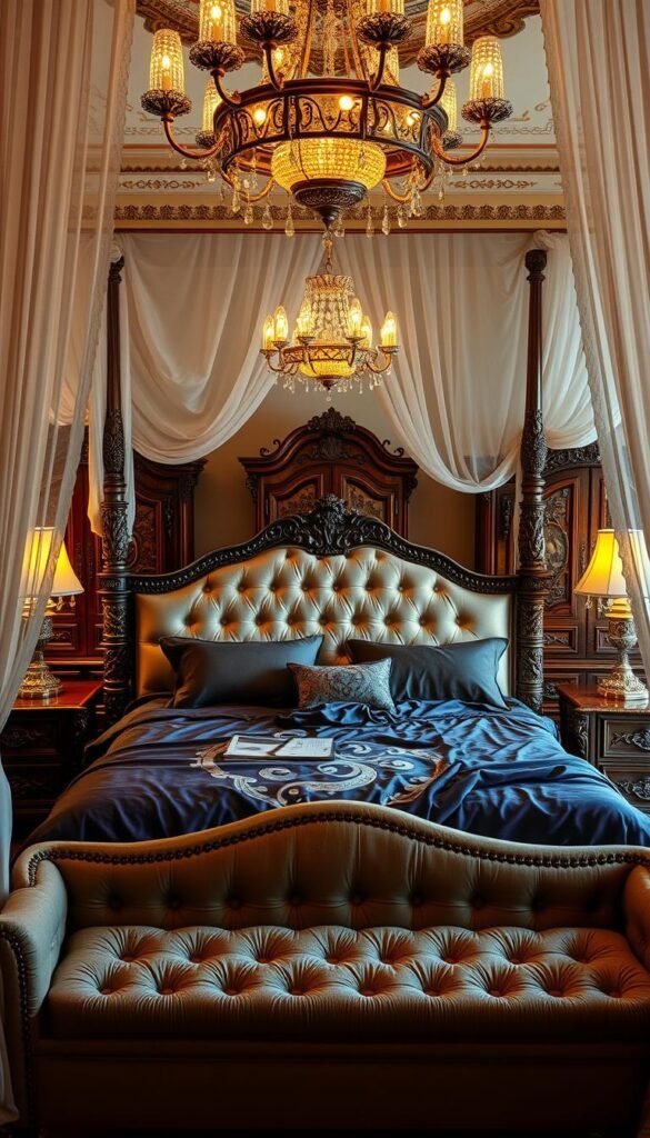 Lavish and romantic Pakistani bedroom, bathed in soft, warm lighting. A plush, tufted headboard dominates the foreground, flanked by ornate nightstands with intricate carvings. Luxurious bedding in deep, jewel-toned hues cascades over a grand, four-poster bed. Delicate, sheer curtains frame the scene, billowing gently. Elegant chandeliers hang overhead, casting a flattering glow. In the background, antique armoires and dressers, their surfaces adorned with intricate patterns and gilded accents, complete the opulent, yet cozy ambiance. Lavish and romantic Pakistani bedroom, bathed in soft, warm lighting. A plush, tufted headboard dominates the foreground, flanked by ornate nightstands with intricate carvings. Luxurious bedding in deep, jewel-toned hues cascades over a grand, four-poster bed. Delicate, sheer curtains frame the scene, billowing gently. Elegant chandeliers hang overhead, casting a flattering glow. In the background, antique armoires and dressers, their surfaces adorned with intricate patterns and gilded accents, complete the opulent, yet cozy ambiance.