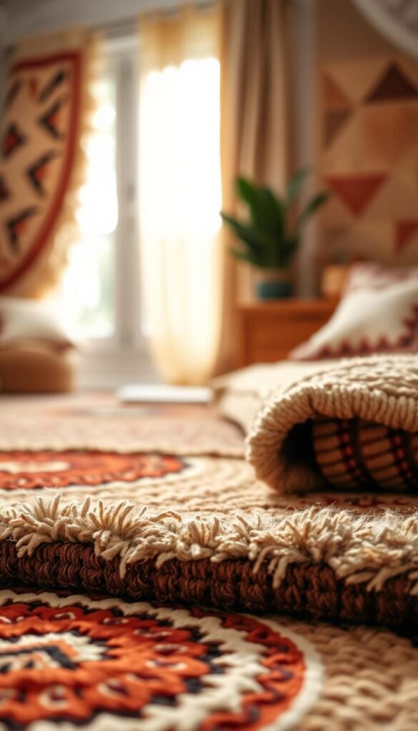 Layered boho rugs texture with warm, earthy tones and intricate, bohemian patterns in the foreground. Mid-ground showcases a variety of textures, from plush shag to woven jute, seamlessly blending together. The background features soft, natural lighting gently illuminating the space, creating a cozy and inviting atmosphere. Captured at a low angle to emphasize the depth and layering of the rugs, with a slightly wider lens to capture the full visual impact. The overall mood is one of comfort, creativity, and a touch of wanderlust, perfectly suited to adorn a girls' boho-chic bedroom. Layered boho rugs texture with warm, earthy tones and intricate, bohemian patterns in the foreground. Mid-ground showcases a variety of textures, from plush shag to woven jute, seamlessly blending together. The background features soft, natural lighting gently illuminating the space, creating a cozy and inviting atmosphere. Captured at a low angle to emphasize the depth and layering of the rugs, with a slightly wider lens to capture the full visual impact. The overall mood is one of comfort, creativity, and a touch of wanderlust, perfectly suited to adorn a girls' boho-chic bedroom.