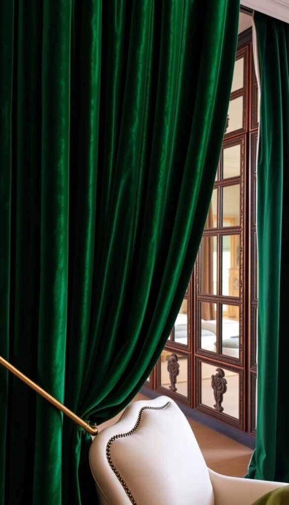 Lush emerald velvet curtains cascade in luxurious folds, their deep green hues casting a warm, inviting glow across the space. The fabric shimmers subtly under soft, directional lighting, drawing the eye to its sumptuous texture. The curtains hang from ornate brass rods, their elegant hardware complementing the rich color palette. In the background, a wall of antique mirrored panels reflects the curtains, creating a sense of depth and grandeur. The overall scene exudes an air of opulence and sophistication, perfectly suited for a elegant, high-end bedroom. Lush emerald velvet curtains cascade in luxurious folds, their deep green hues casting a warm, inviting glow across the space. The fabric shimmers subtly under soft, directional lighting, drawing the eye to its sumptuous texture. The curtains hang from ornate brass rods, their elegant hardware complementing the rich color palette. In the background, a wall of antique mirrored panels reflects the curtains, creating a sense of depth and grandeur. The overall scene exudes an air of opulence and sophistication, perfectly suited for a elegant, high-end bedroom.